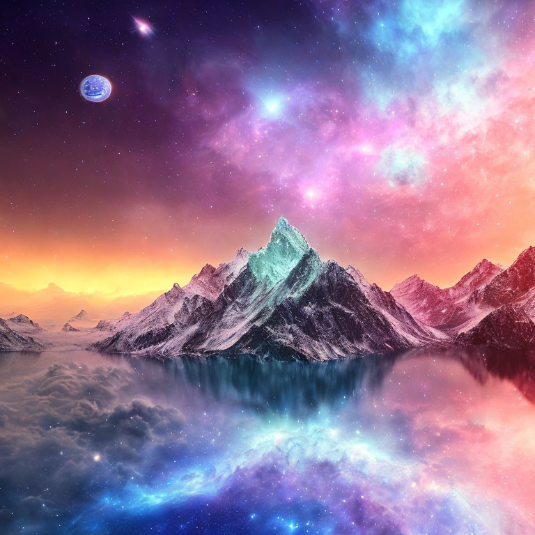 Snow-capped mountains and nebula sky reflected in serene water