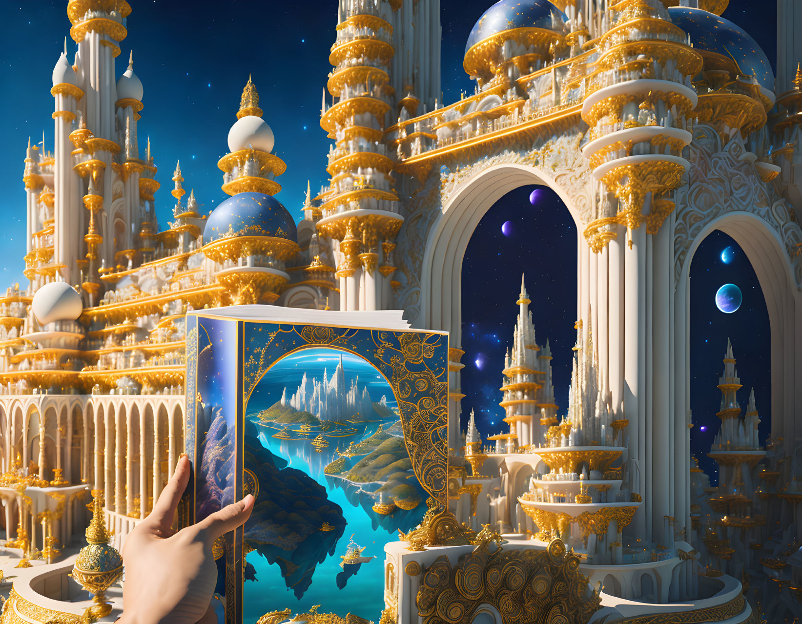 Hand holding mirror reflecting fantastical landscape with golden castle and blue planets