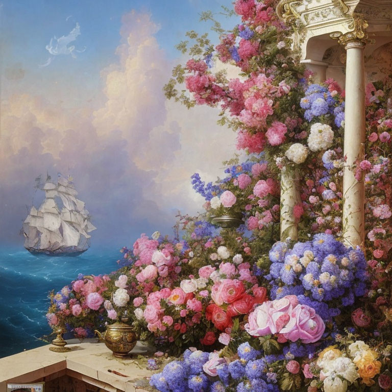 Colorful Rose Bouquet with Classical Column and Sailing Ship Painting