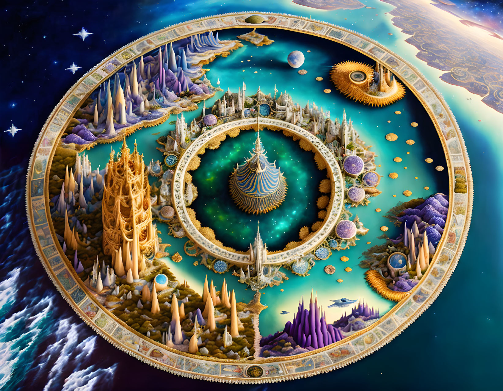 Circular layered landscape with alien structures, floating islands, and celestial bodies in cosmic artwork.