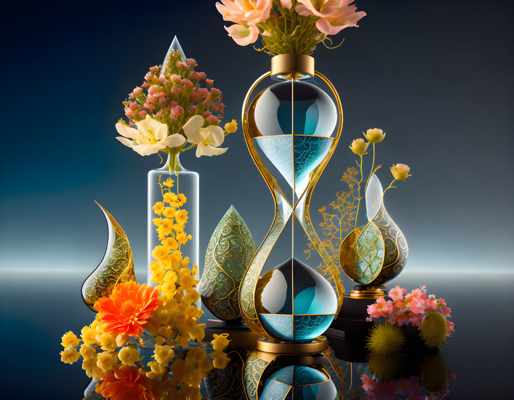 Colorful Hourglass with Floral Elements, Candle, and Vases on Reflective Surface