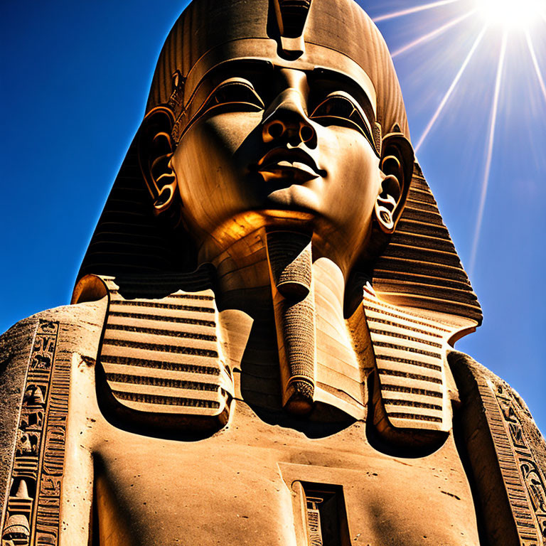 Ancient Egyptian Pharaoh Statue Against Blue Sky and Sun Rays