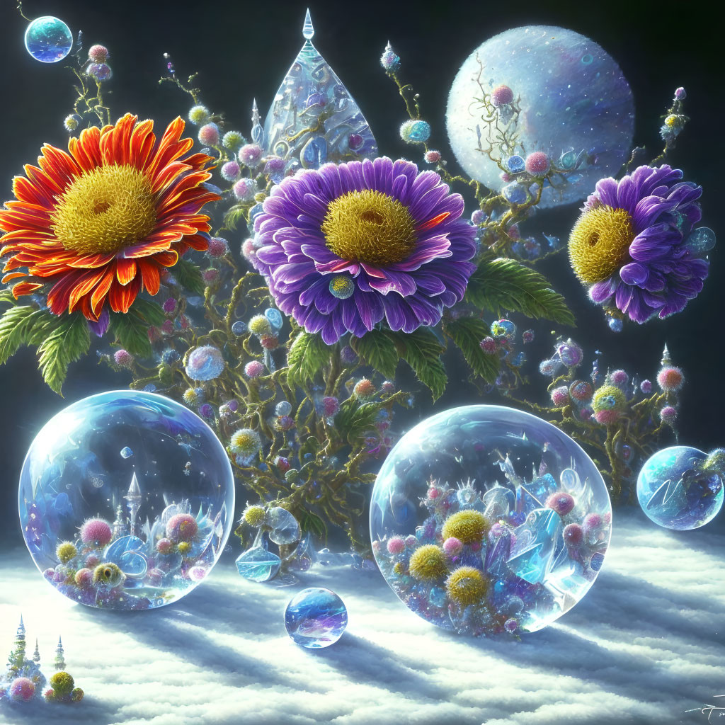 Digital Art: Vibrant Flowers, Bubbles, Crystals, Celestial Bodies