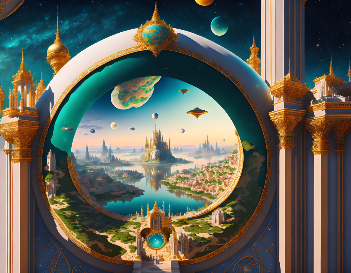 Golden spired palace with circular gateway and otherworldly sky landscape