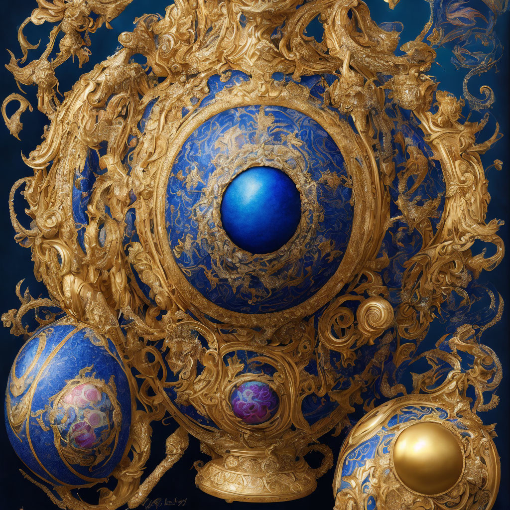 Intricate golden sculpture with blue gems on dark backdrop