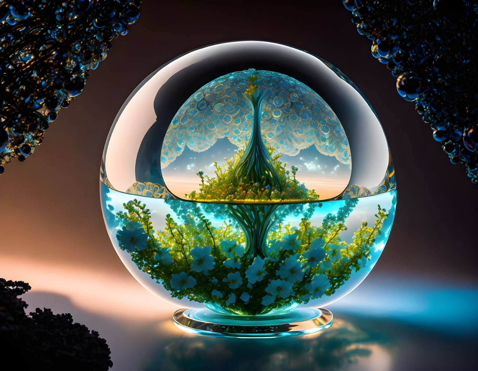 Surreal glass orb with illuminated miniature tree and floral ecosystem