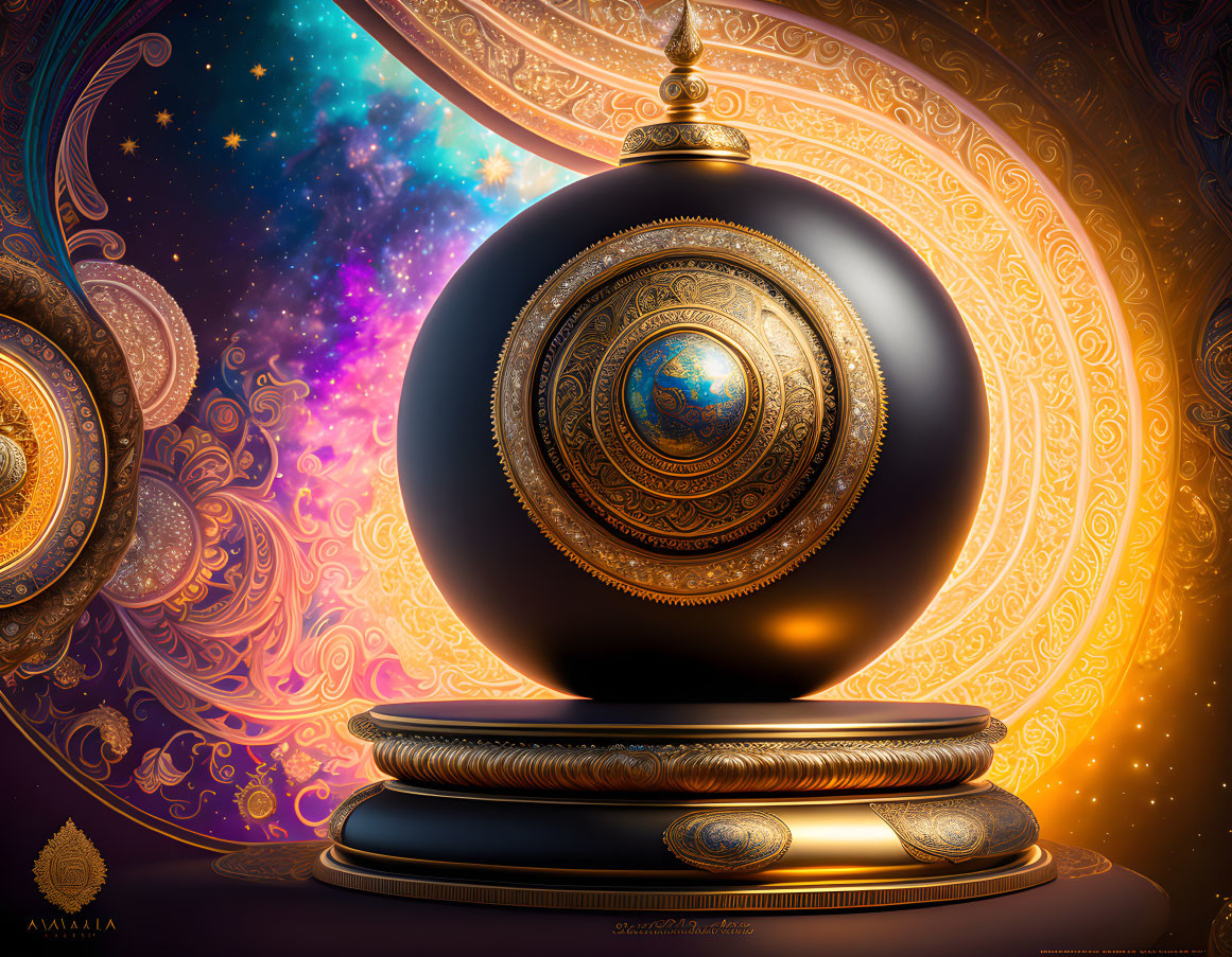 Intricate golden-patterned sphere with gemstone on cosmic backdrop
