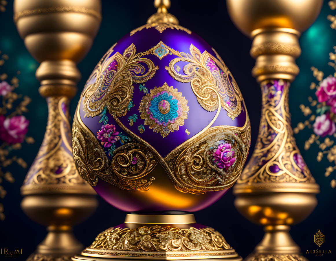 Intricate Purple and Gold Fabergé Egg with Floral Patterns and Candlestick Holders