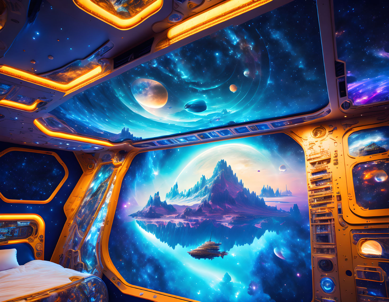 Futuristic spaceship interior with cosmic window view