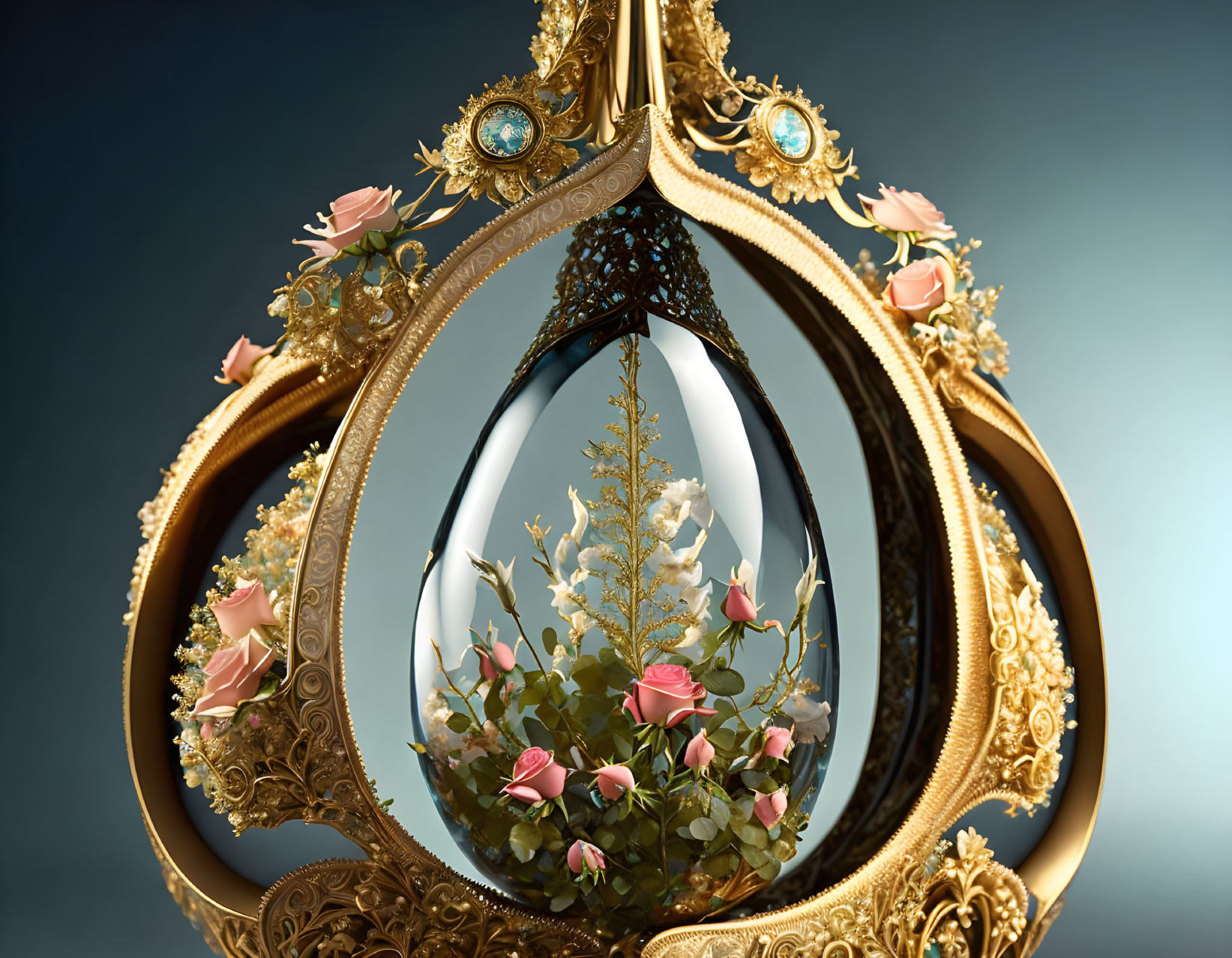 Golden Frame with Turquoise Accents Surrounding White Blossoms and Pink Roses