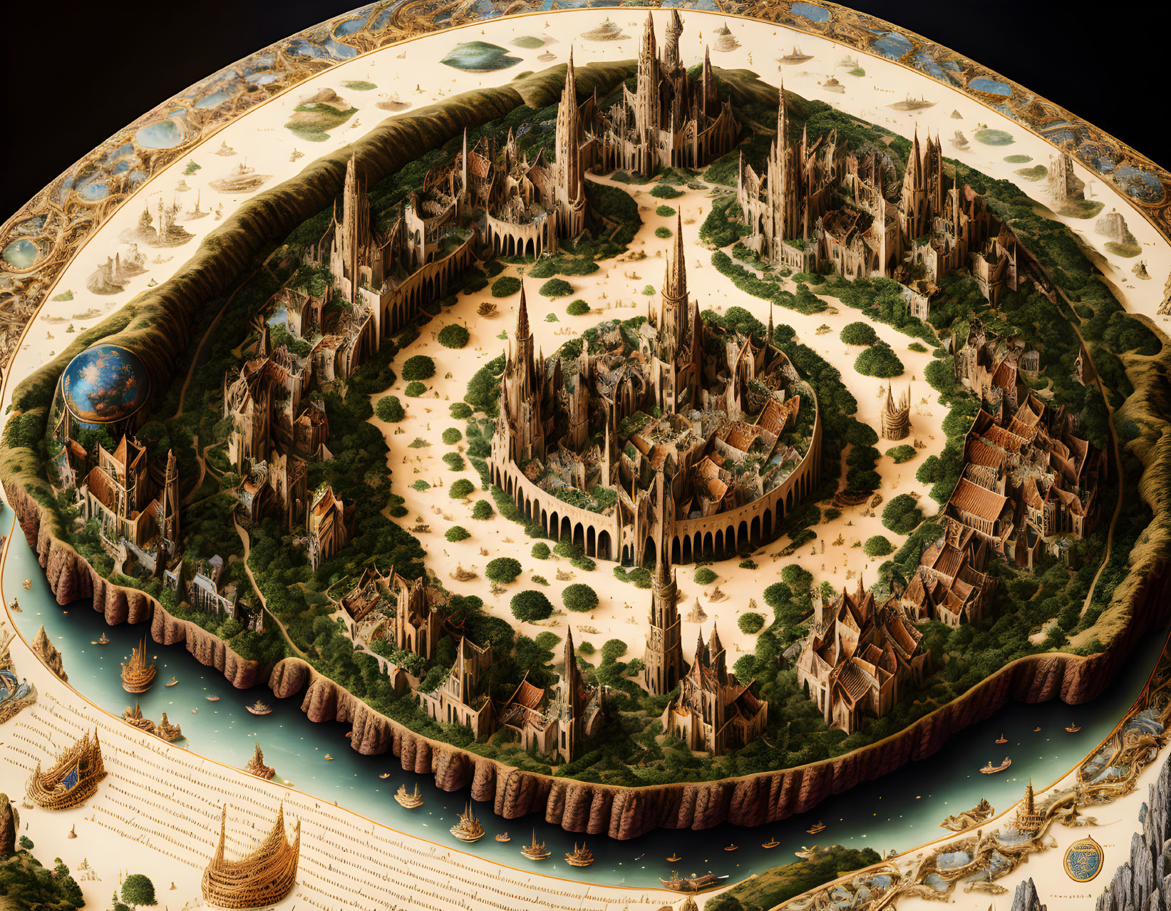 Circular fantasy cityscape with central castle and intricate details.