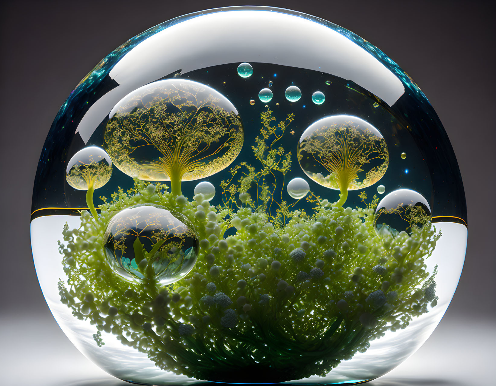 Spherical Glass Paperweight with Green and Yellow Tree-Like Structures