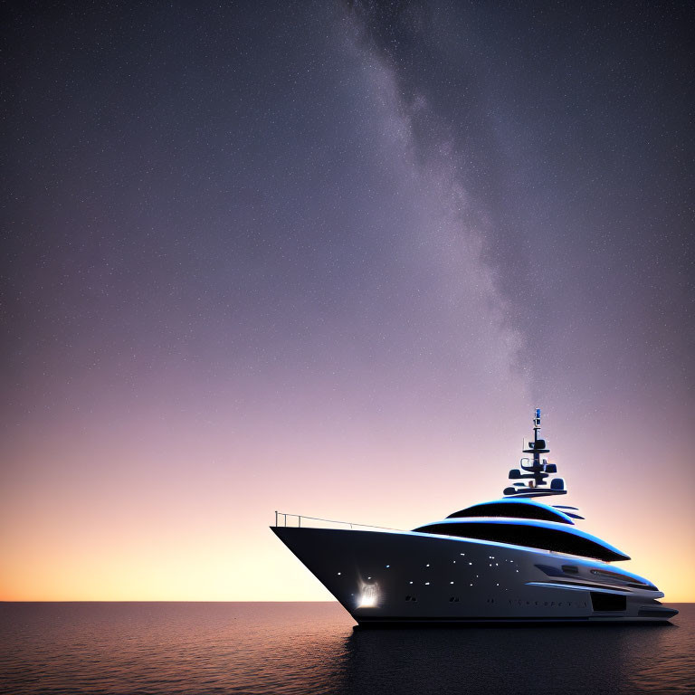 Luxurious yacht anchored in tranquil waters at sunset transitioning to starry night.