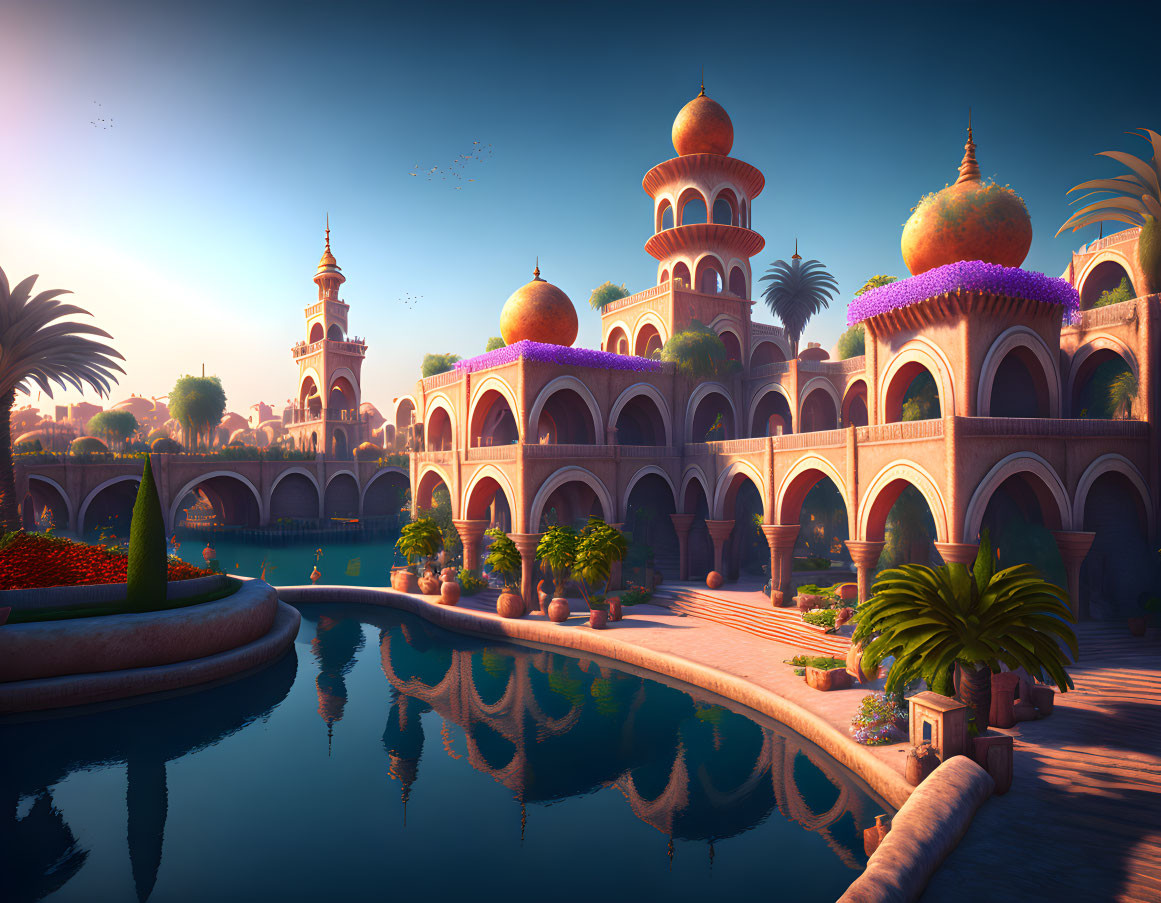 Tranquil fantasy landscape with domes, arches, birds, canal, palm trees at sunset