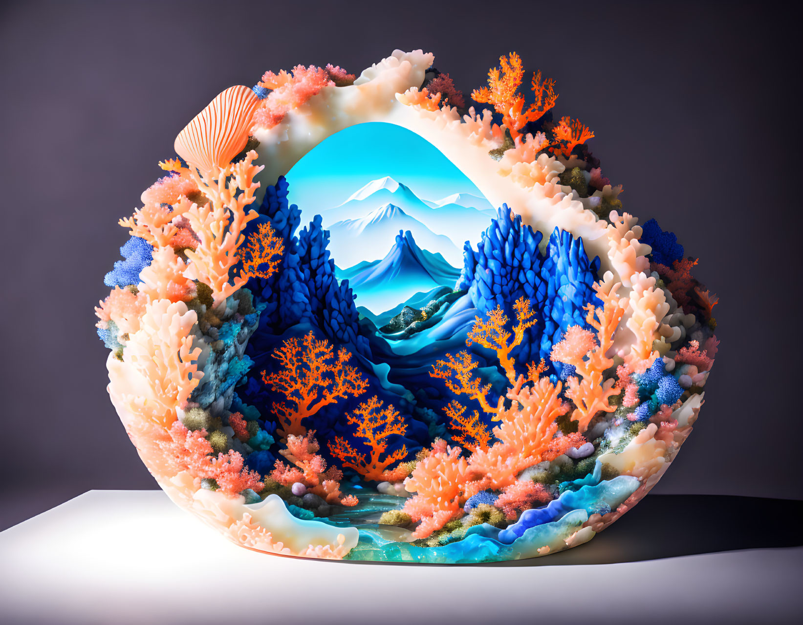 Colorful seascape within a shell: coral, mountain, blue ocean