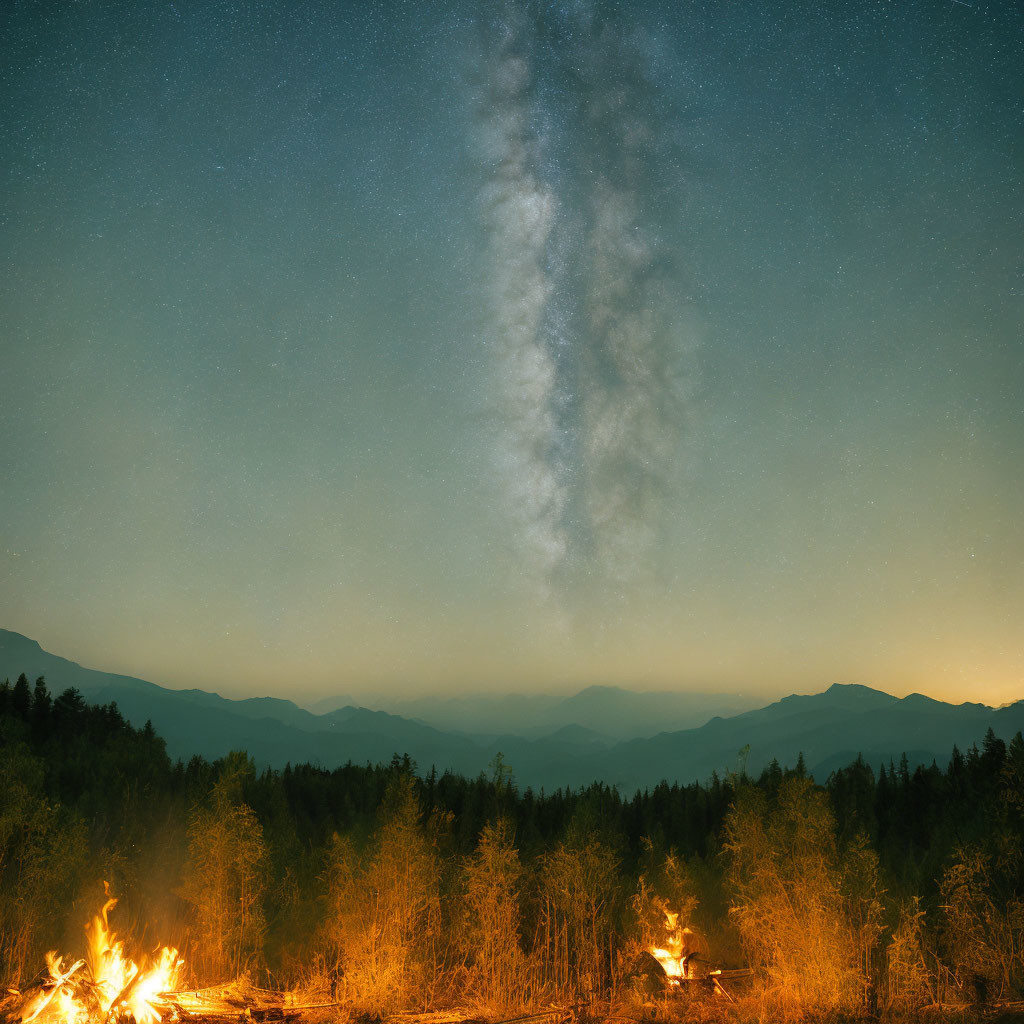 Forest Silhouette Night Scene with Milky Way and Bonfire