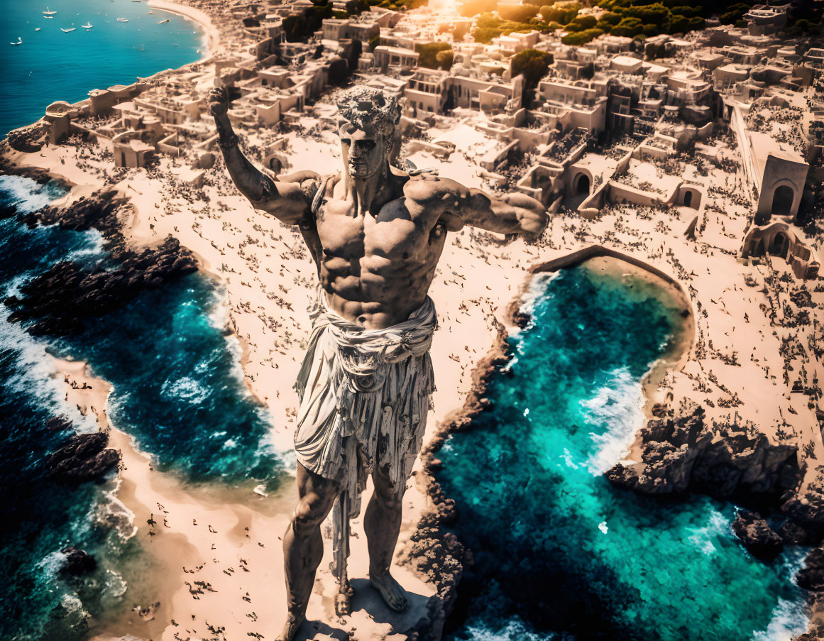 Colossal statue overlooking coastal town with turquoise waters