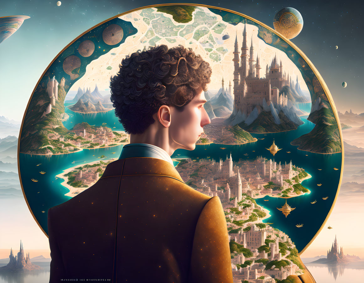 Curly-Haired Person Looking at Fantasy Landscape Through Window