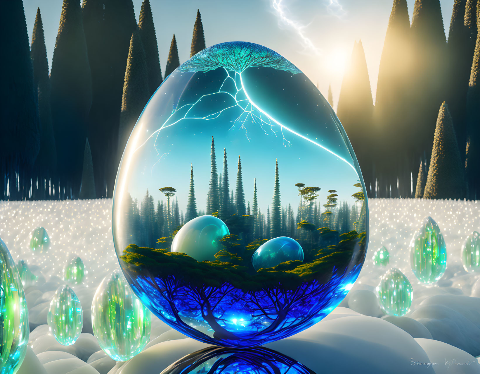 Surreal landscape with luminous orbs, miniature forests, lightning, coniferous trees, and