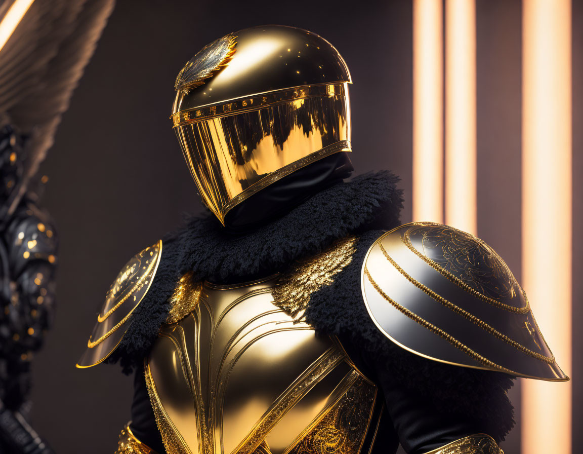 Reflective Gold Helmet and Ornate Armor with Black Fur Accents Against Neon Lights