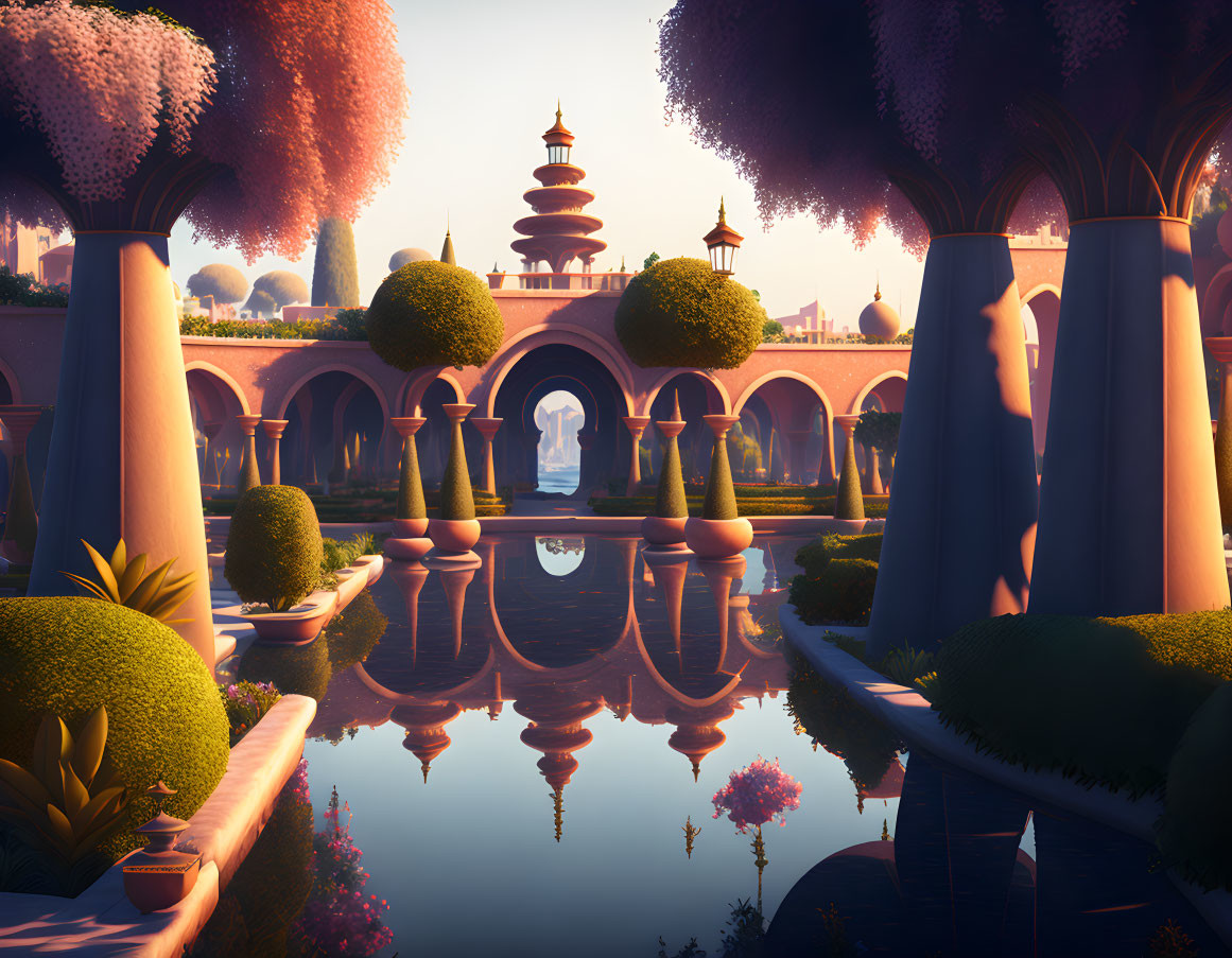 Symmetrical topiaries and pagoda in serene fantasy garden