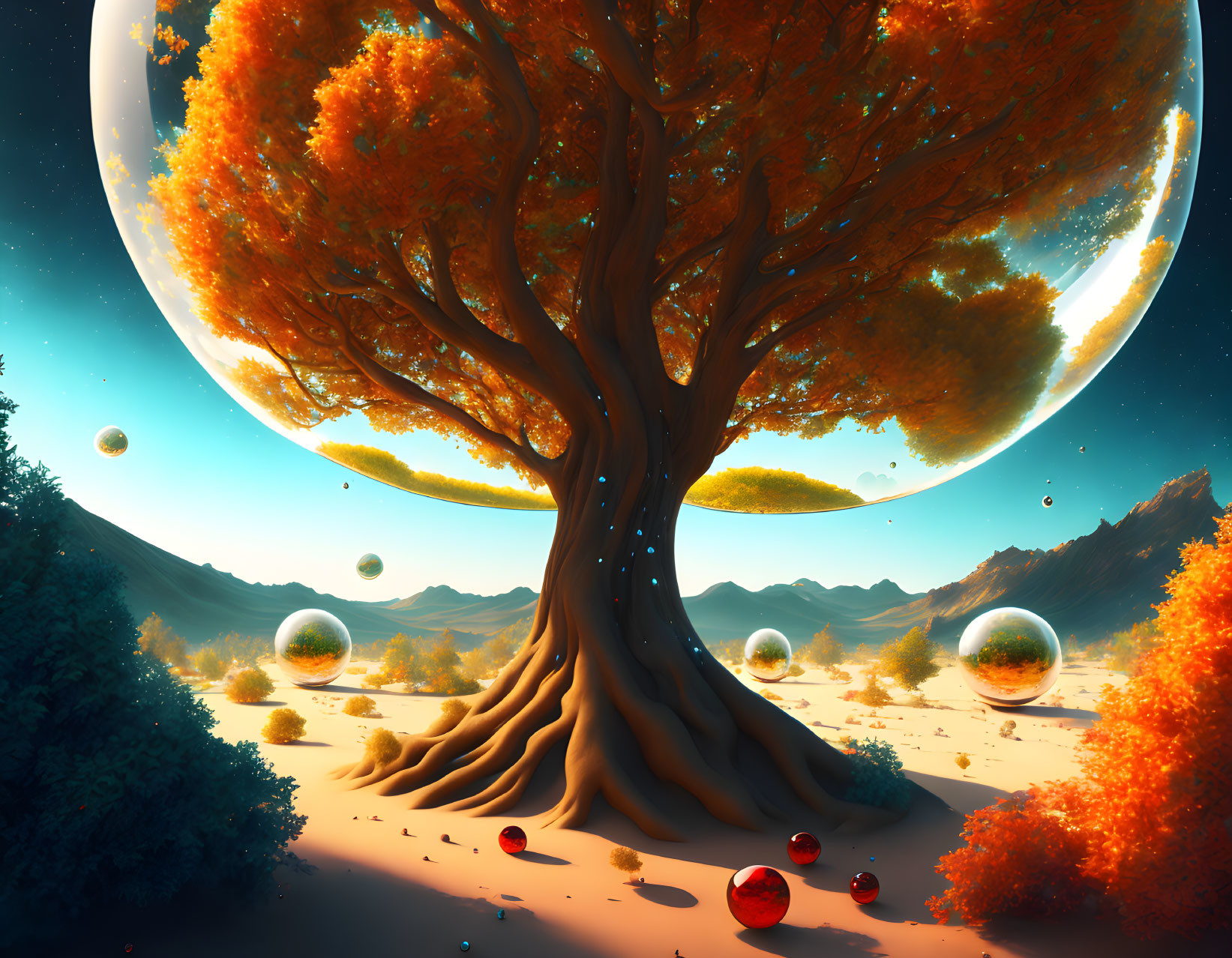 Colorful surreal landscape with orange tree, floating spheres, mountains, celestial sky