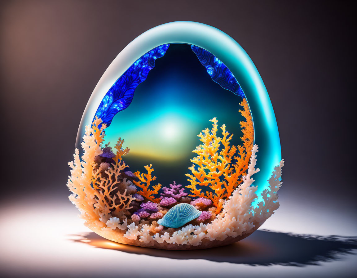 Ocean-themed decorative egg with coral, shell, and fish silhouette on sunset gradient.