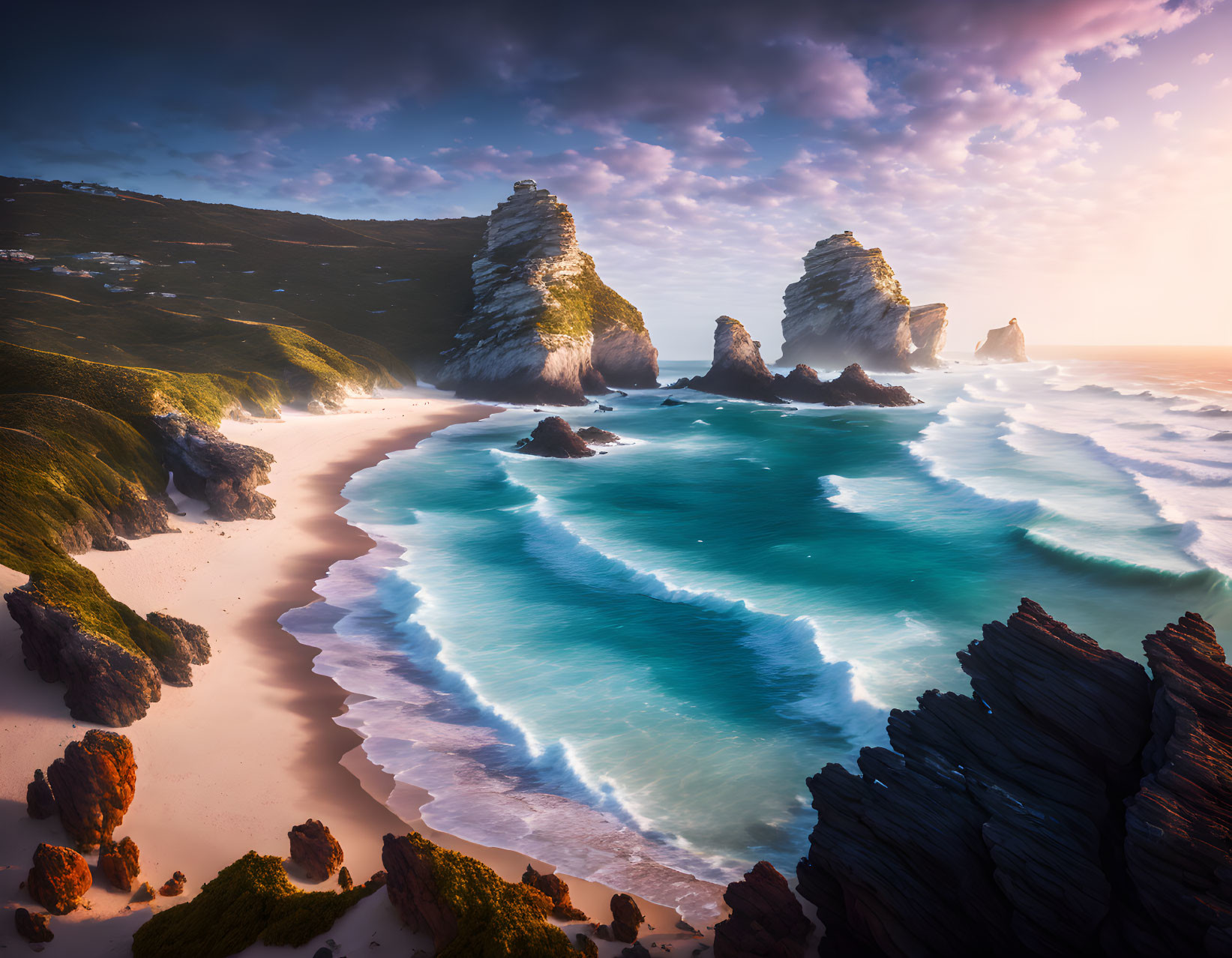 Scenic Coastal Sunset with Rock Formations, Beach, Waves, and Cliffs