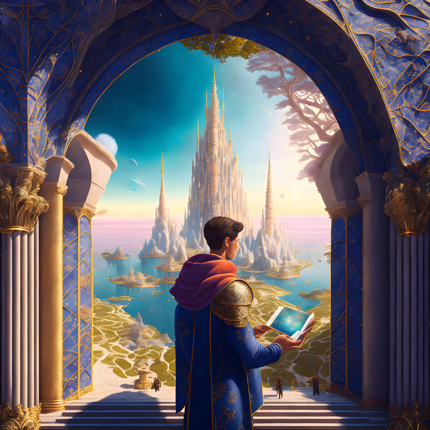 Regal man in ornate attire gazes at crystal castle in fantastical landscape
