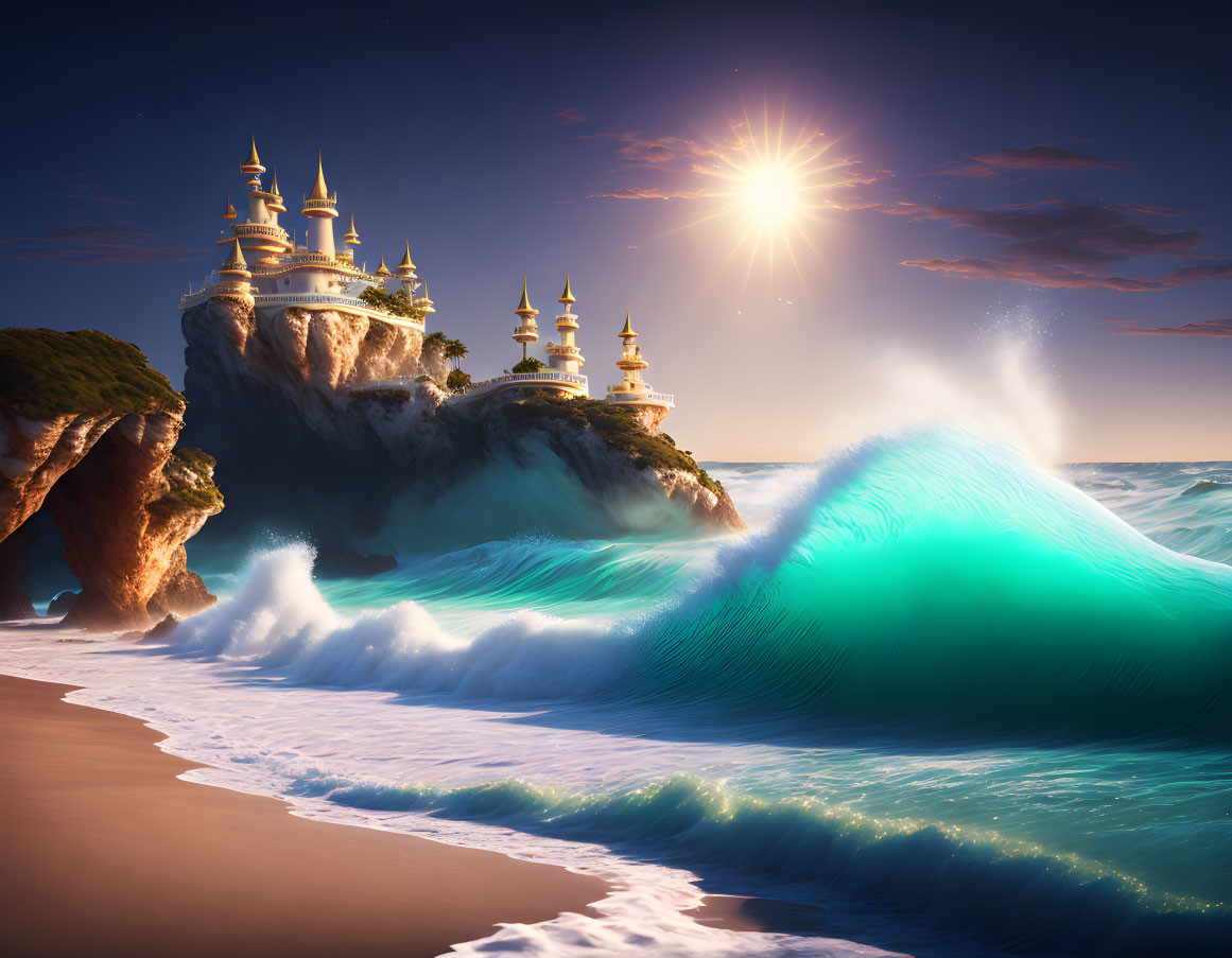 Fantasy seaside landscape with castle, crashing waves, and bright sun