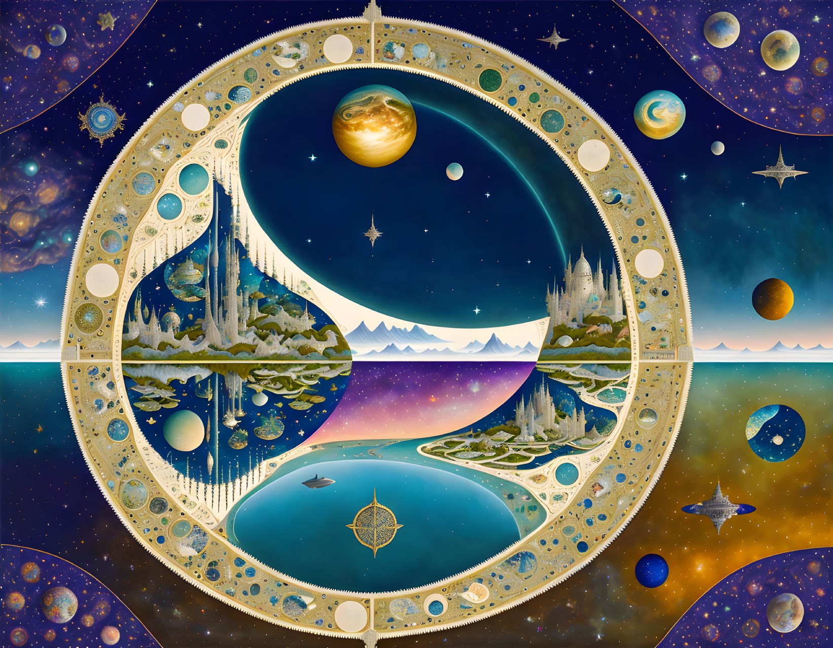 Surreal cosmic landscape with ornate circular frame and celestial elements