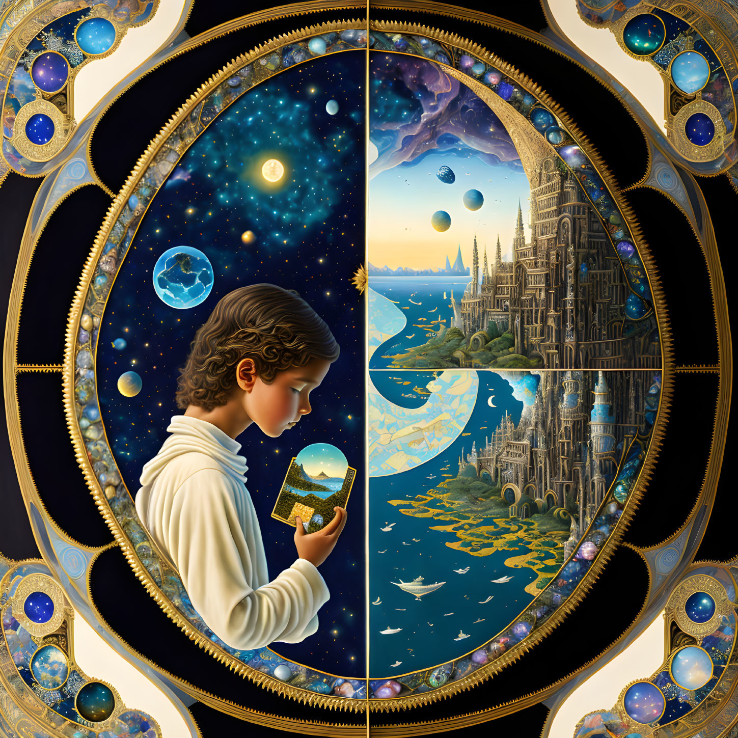 Split scene artwork featuring central figure holding galaxy book, cosmic and surreal earthscape.