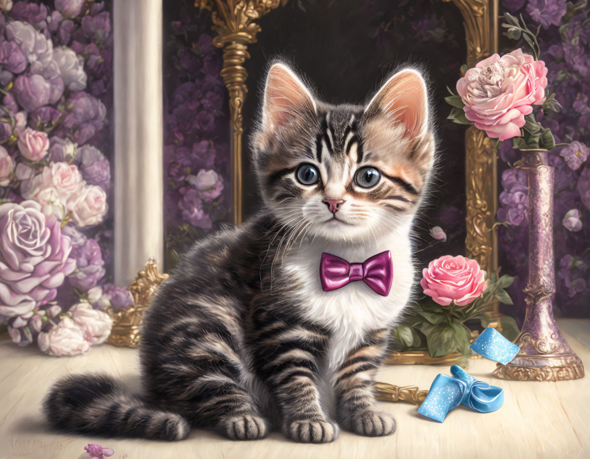 Striped kitten with pink bow tie, pink roses, blue high heel shoe, gilded mirror