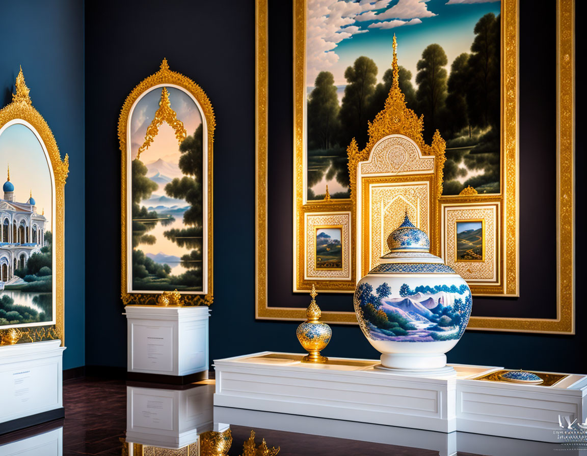 Traditional golden-framed landscape paintings and ornate porcelain vases in elegant art gallery interior