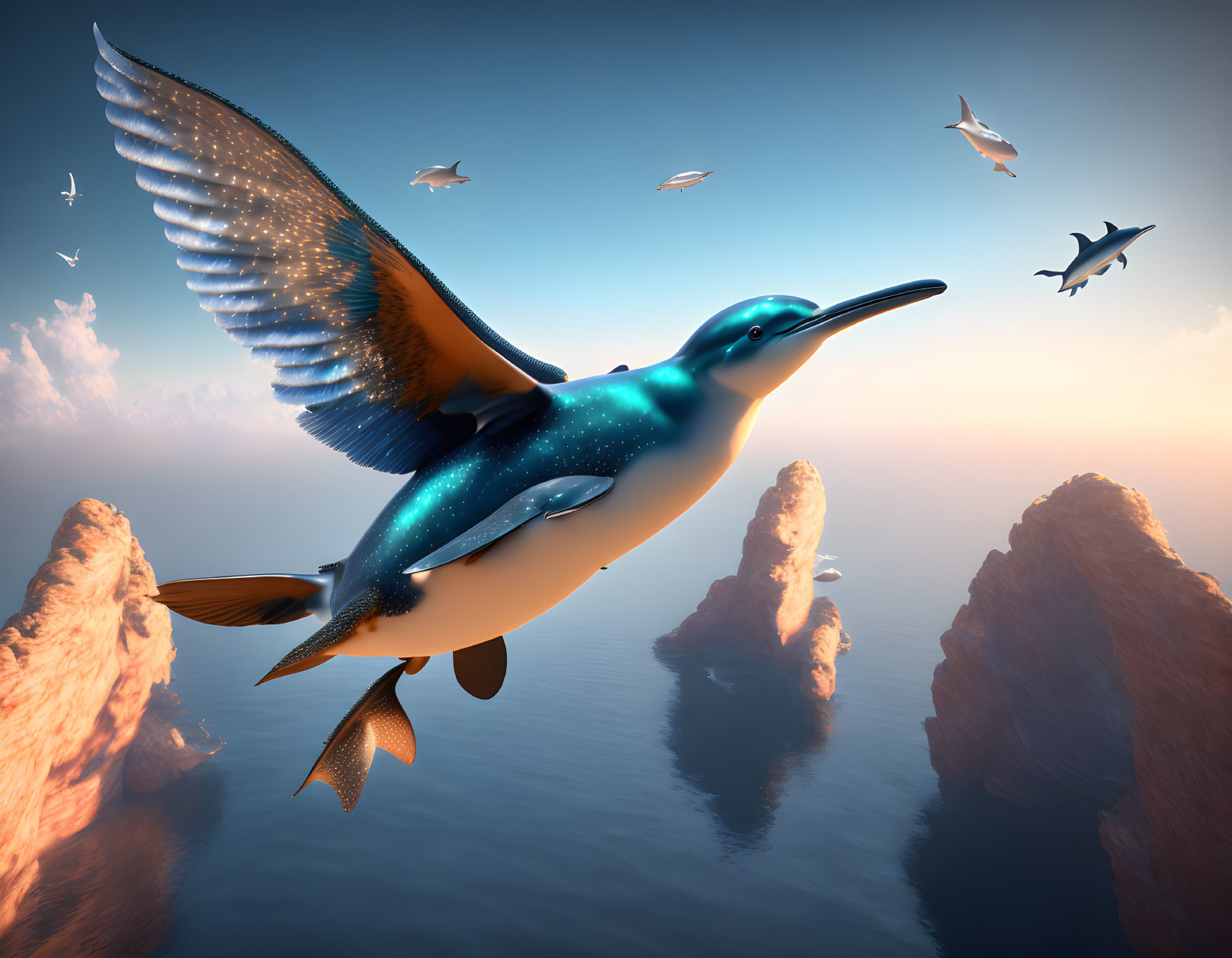 Majestic blue bird soaring over serene sea and rock formations