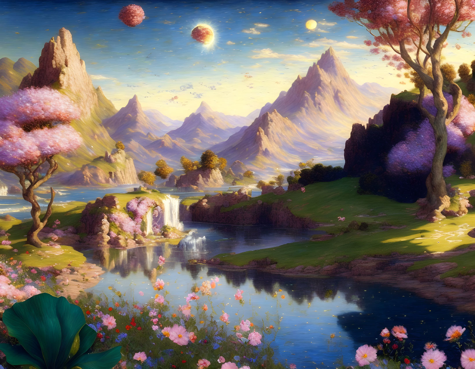 Fantastical landscape with pink flowering trees, floating islands, mountains, waterfall, serene lake at twilight