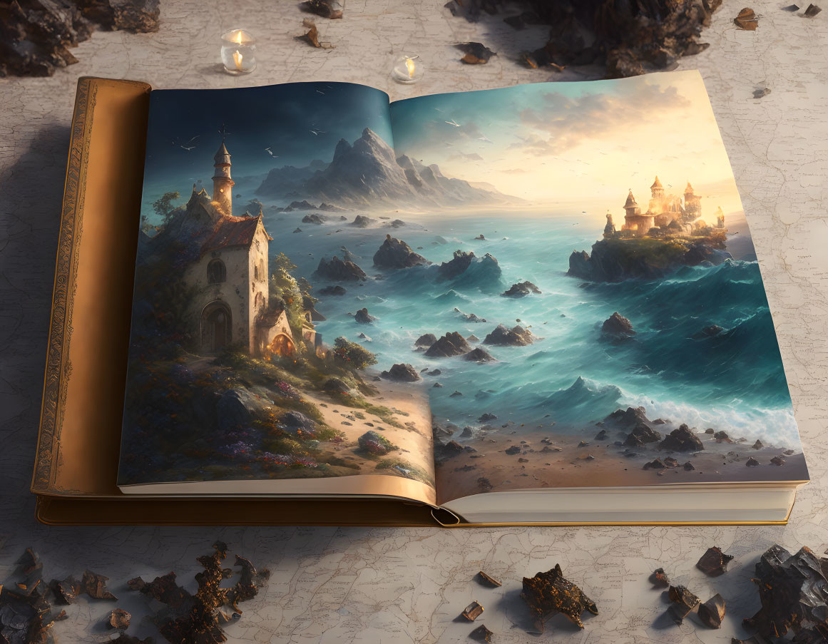 Open book displaying magical seaside landscape with castles, waves, tower, candles, and scattered pages