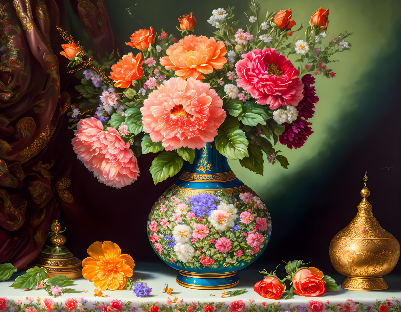 Colorful Flower Bouquet Still-Life Painting with Vase, Curtain, and Golden Object