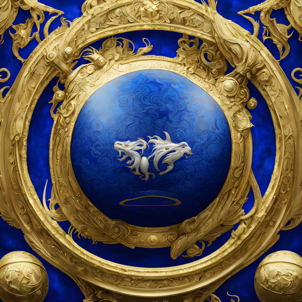 Golden frame with intricate designs around a blue orb and stylized white horses.