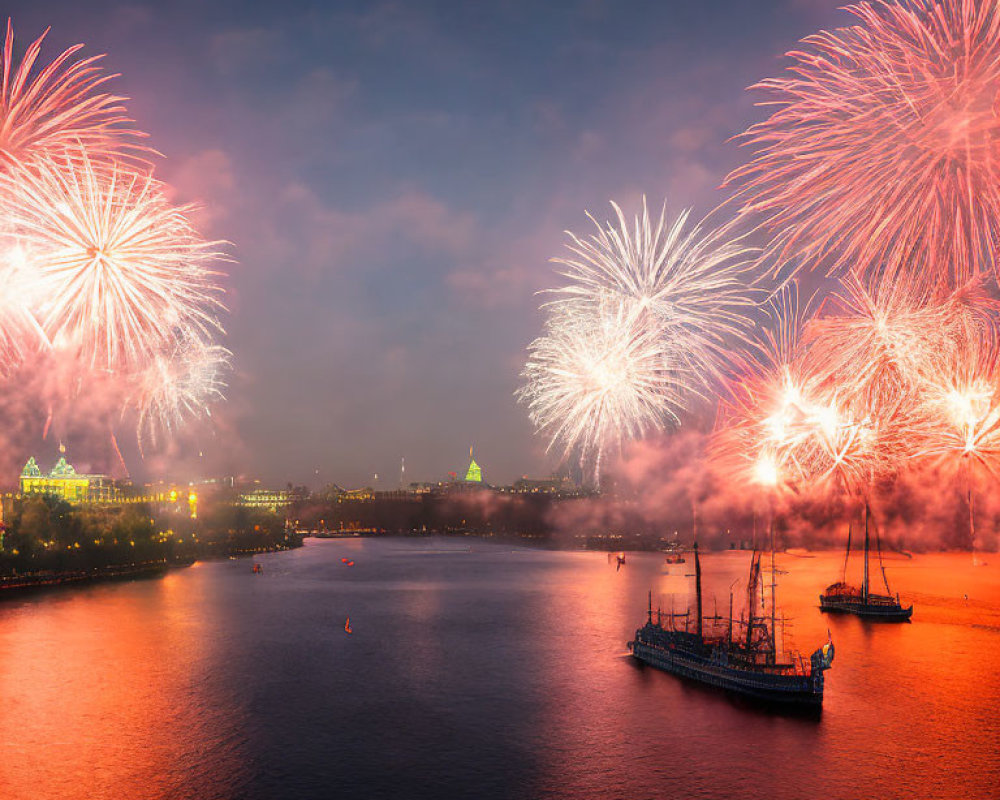 Colorful fireworks illuminate city landmarks and a river boat at dusk