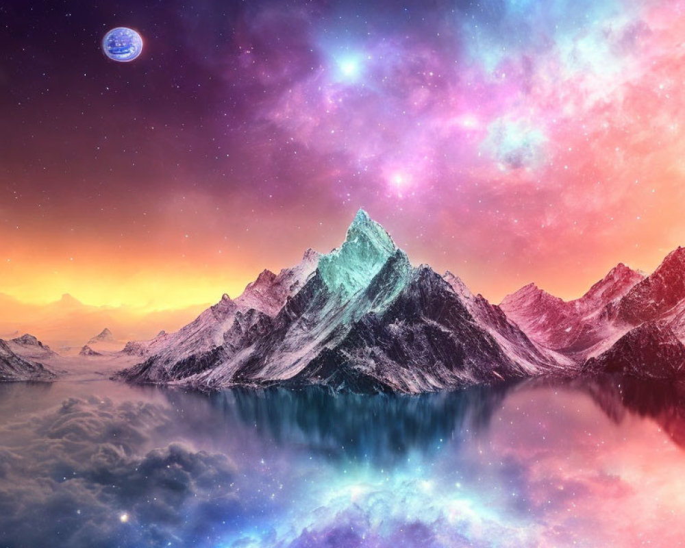 Snow-capped mountains and nebula sky reflected in serene water