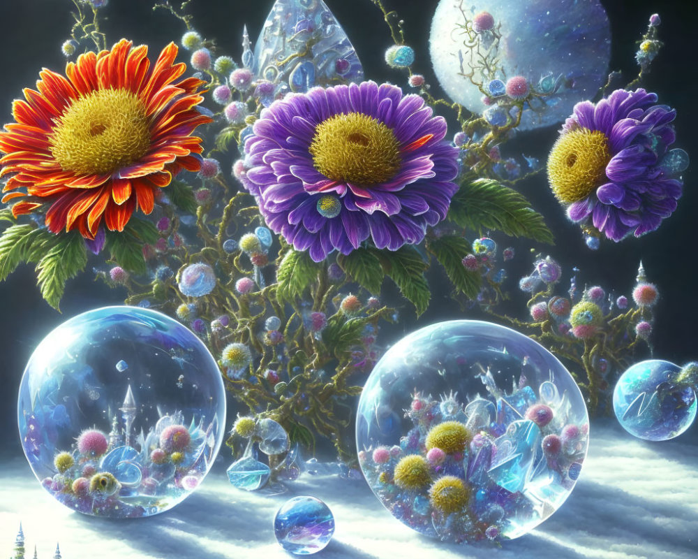 Digital Art: Vibrant Flowers, Bubbles, Crystals, Celestial Bodies