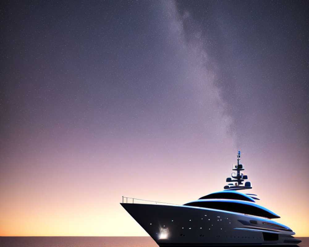 Luxurious yacht anchored in tranquil waters at sunset transitioning to starry night.