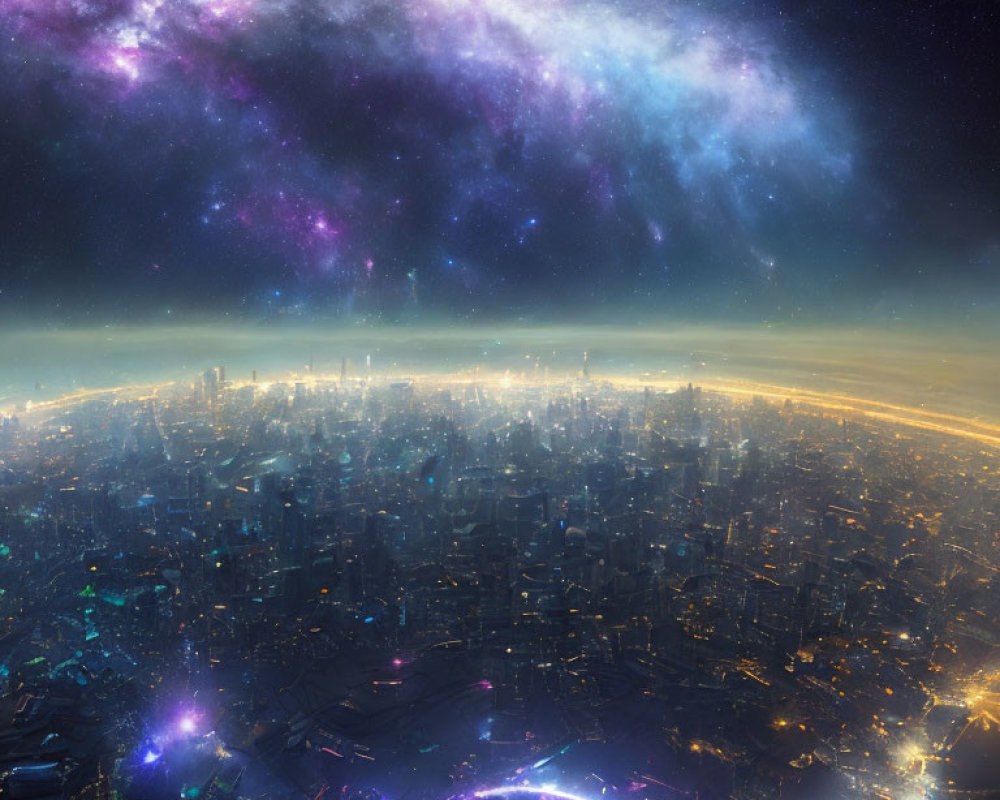 Vibrant galaxy above futuristic cityscape at night