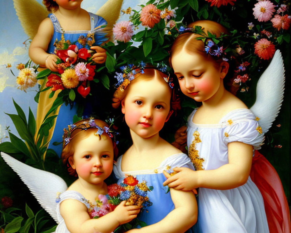 Four angelic children with wings in a floral setting.