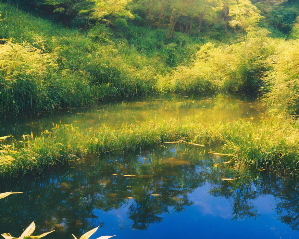 Tranquil Pond with Lush Greenery and Reflections