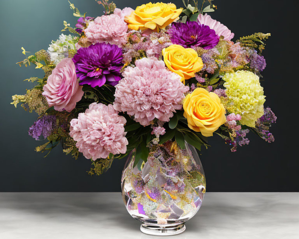 Colorful Mixed Flower Bouquet in Clear Vase on Marble Surface