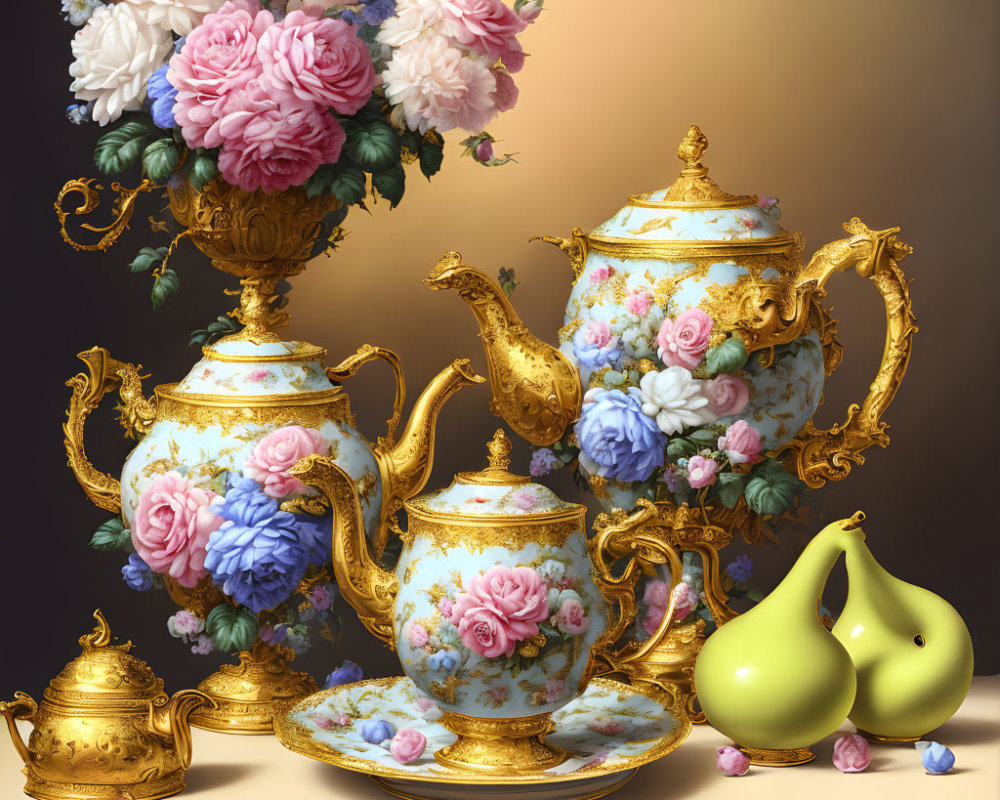 Elegant Floral Porcelain Tea Set with Gold Trim, Pears, and Candies on Reflective