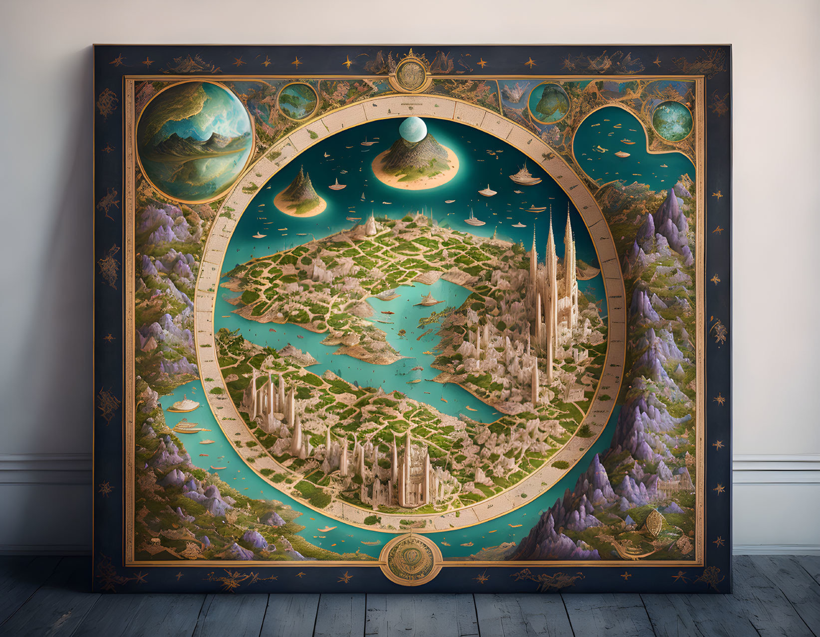 Fantasy map with mountains, forests, lakes, and celestial bodies in ornate border displayed in room