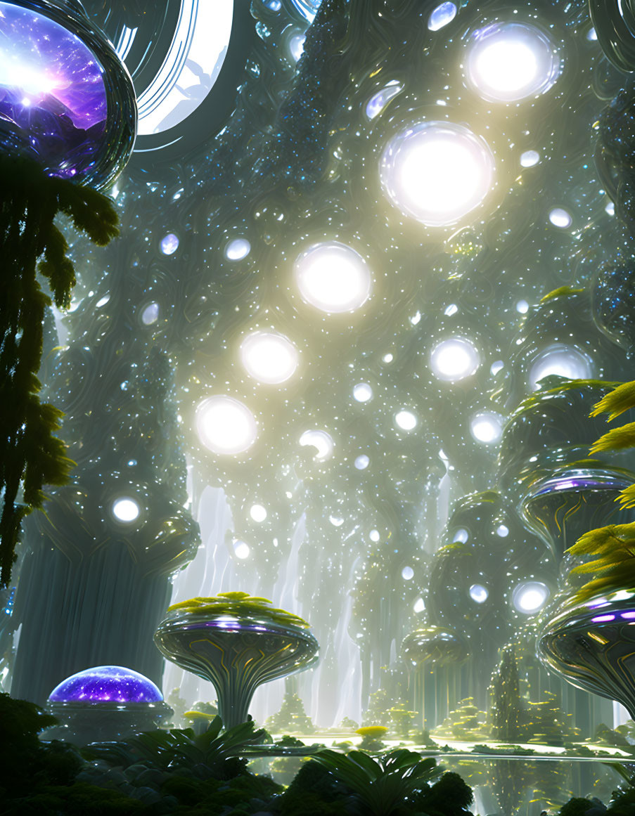 Enchanting forest with glowing orbs, futuristic structures, and bioluminescent trees